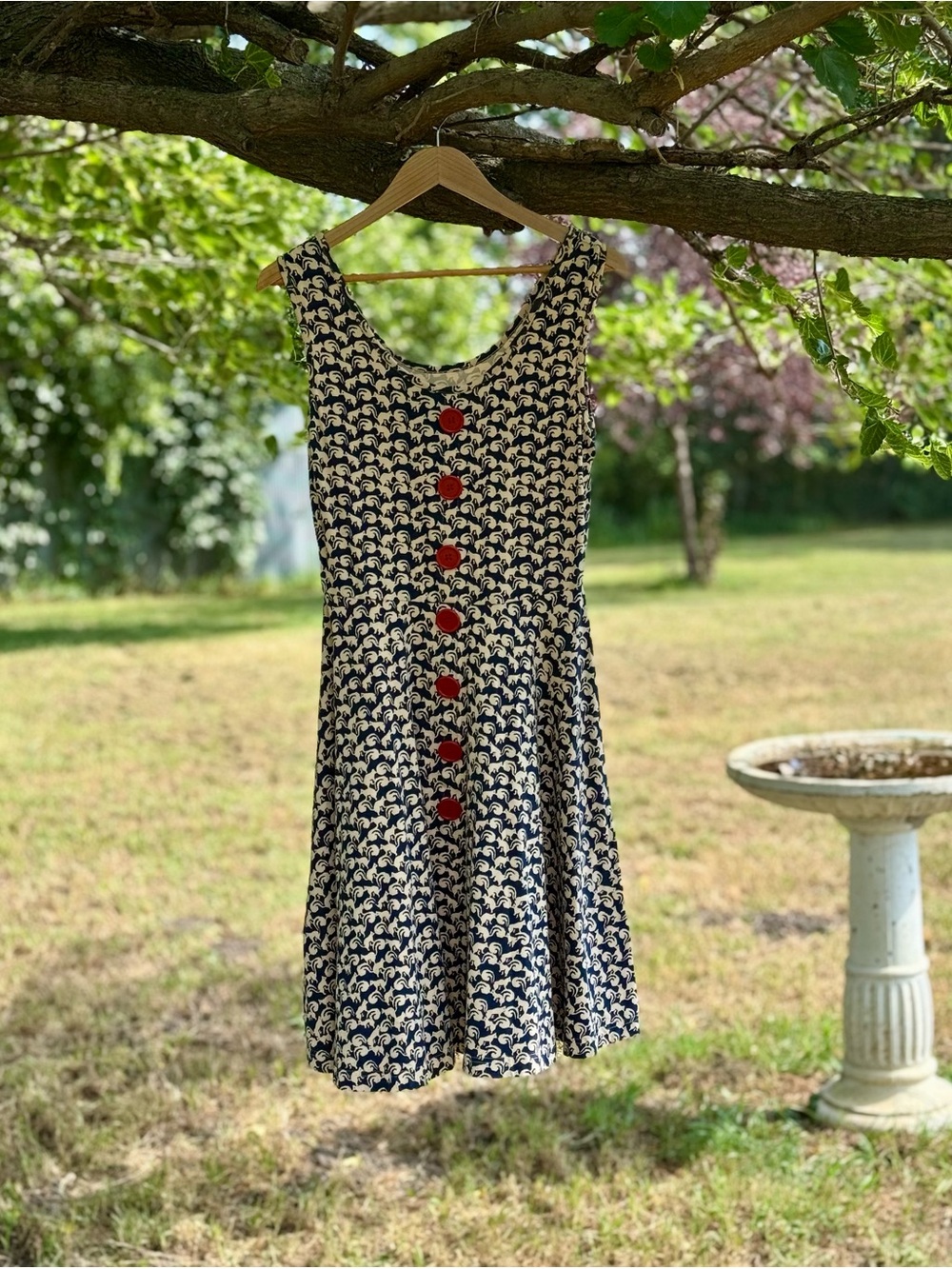 Effie's Heart Navy and Cream Fit-and-Flare Dress with Red Buttons